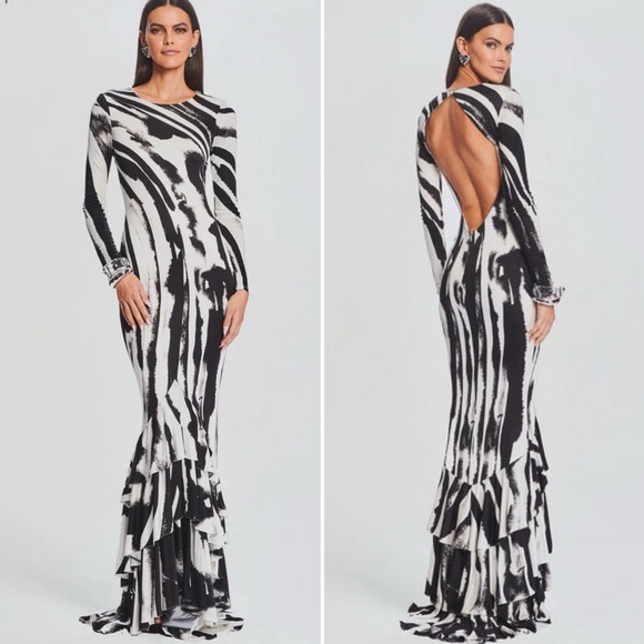 Retrofete Dresses & Skirts - NEW Retrofete Sara Dress in Zebra Ink Open Back Ruffle Mermaid Hem Maxi Gown